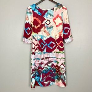 J. Peterman Satin Shift Dress Women’s Size 4 Ikat Knee Length Tribal Western